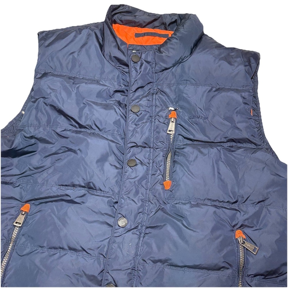 Orvis Essex Puffer Vest Mens Large Navy Blue Duck Down Full Zip Snap Button READ